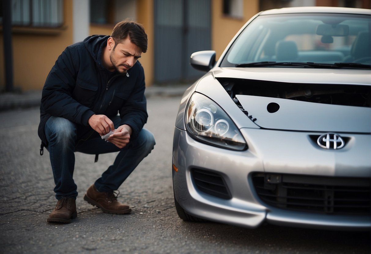A person inspecting a borrowed car for damages, with a concerned expression
