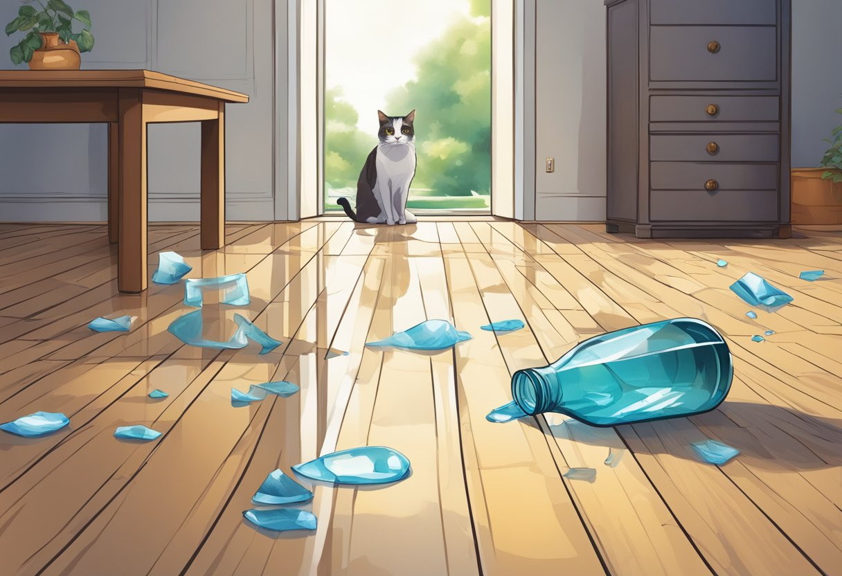 A broken vase on the floor, a spilled glass of water, and a startled cat looking guilty