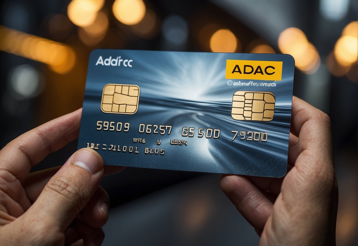 A hand holding an ADAC credit card, with the ADAC logo visible and the card slightly tilted to catch the light
