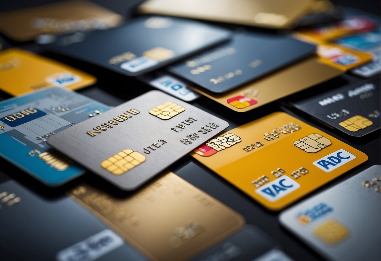 The scene shows various types of ADAC credit cards arranged in a neat and organized manner, with the ADAC logo prominently displayed on each card