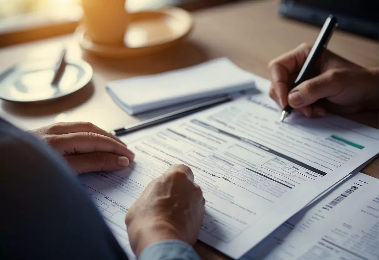 A person filling out a credit card application form with necessary documents and requirements displayed nearby