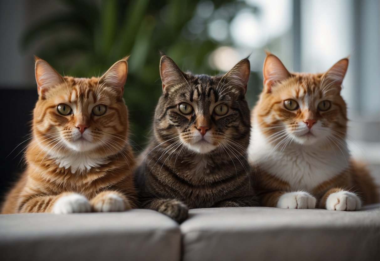 Three cats sit side by side, each with a different insurance company logo above their heads. They look content and well-cared for, with shiny coats and bright eyes