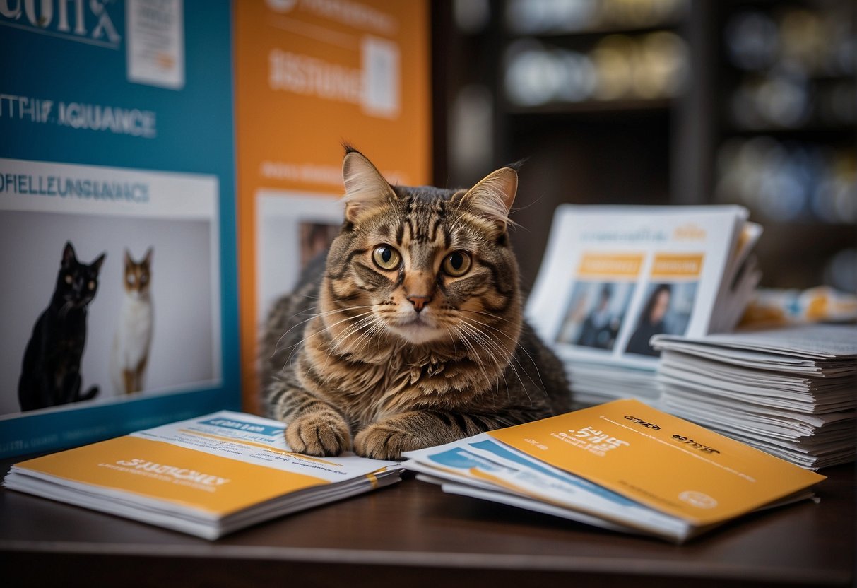 A cat sits surrounded by three insurance brochures, each with a different company name - Petolo, Agila, and Uelzener. The cat appears contemplative, as if considering which insurance to choose