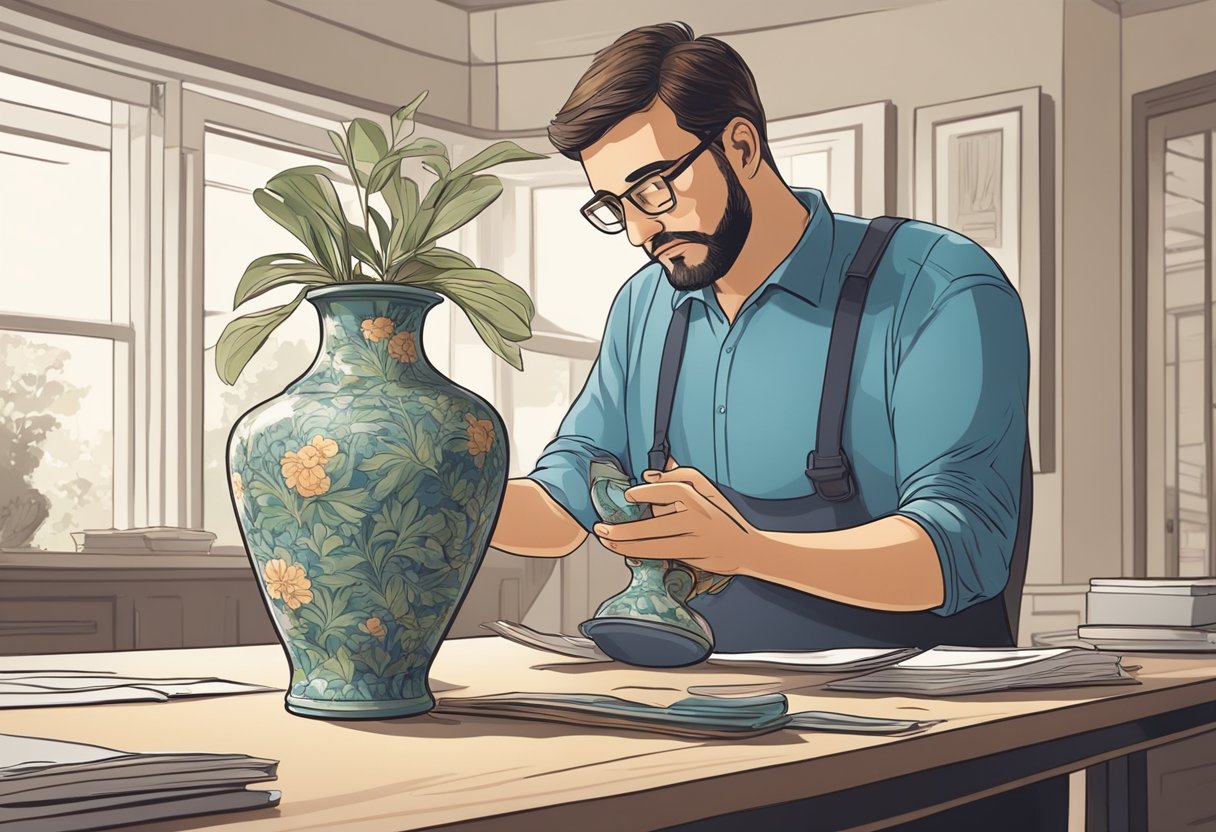 A person's broken vase is being carefully examined and documented by an insurance adjuster, while the owner looks on anxiously