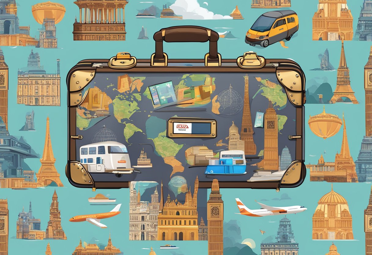 An international traveler's suitcase with a DEVK travel insurance sticker, surrounded by iconic landmarks from around the world