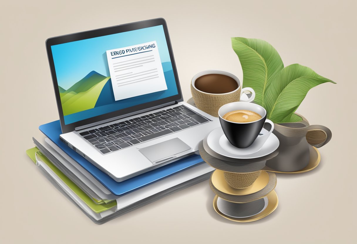 A table with a laptop, a cup of coffee, and an insurance policy with "ERGO Privat-Haftpflichtversicherung" written on it