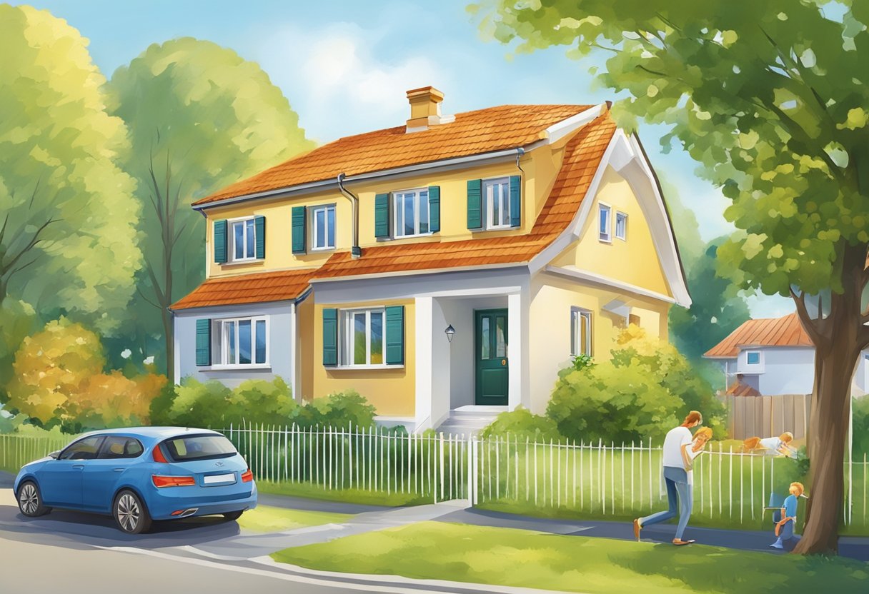 A family's home is protected by ERGO Privat-Haftpflichtversicherung. A house with a secure lock, a happy family, and a peaceful neighborhood