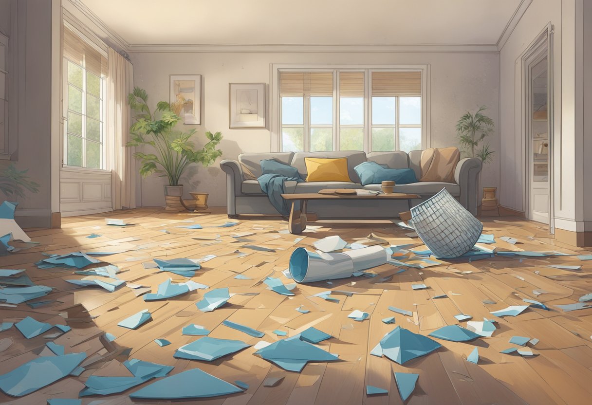 A broken vase lies on the floor, surrounded by shattered pieces. A worried homeowner looks at the damage, while a Barmenia insurance policy sits on the table