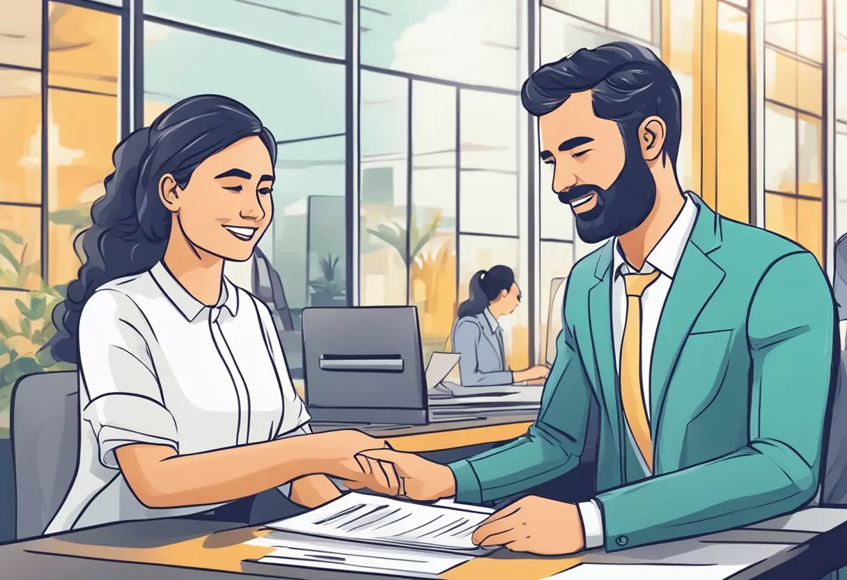 A person submitting an application for private liability insurance at Barmenia, with a customer service representative assisting