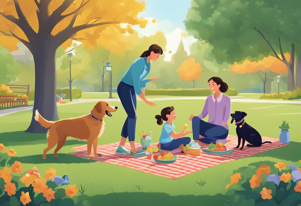 A family enjoying a picnic in the park, with a playful dog knocking over a neighbor's expensive vase. The worried family looks on as the Barmenia insurance logo hovers above, symbolizing protection and reassurance