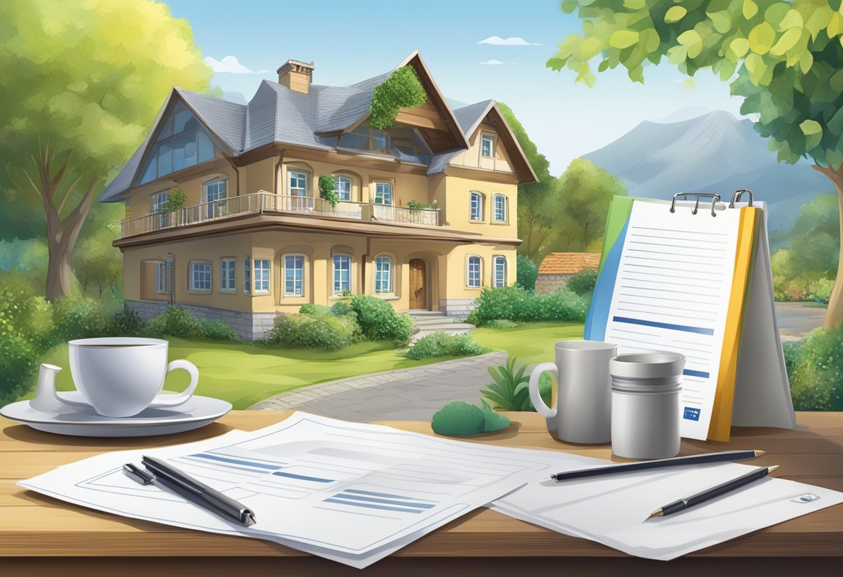A table with insurance documents, a house in the background, and a logo of Barmenia