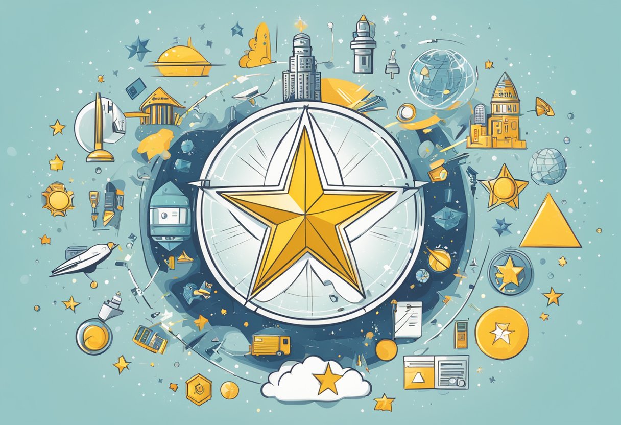 A shining star surrounded by various symbols representing special services and inclusions of CosmosDirekt liability insurance