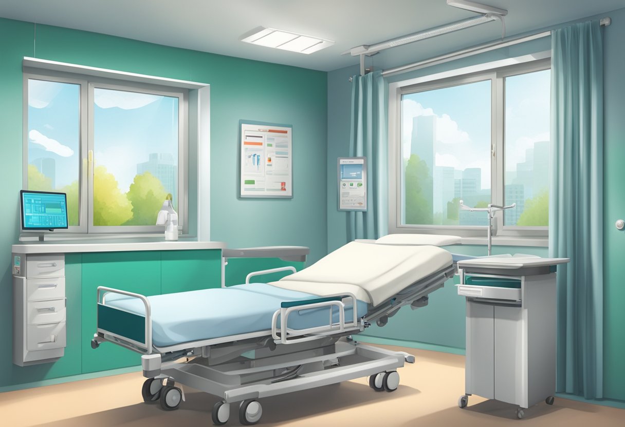 A hospital room with a patient's bed, medical equipment, and a sign for "Krankenhauszusatzversicherung ERGO" on the wall