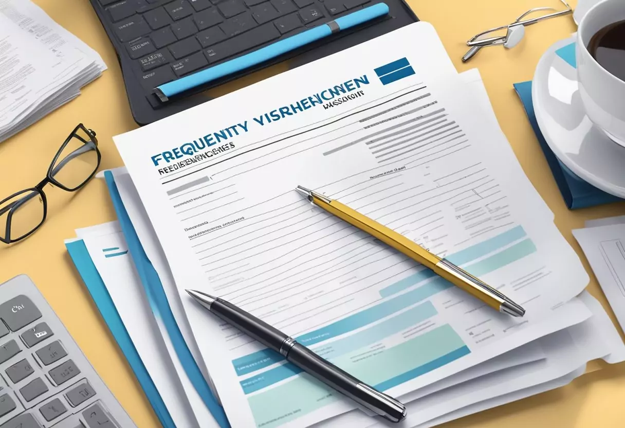 A stack of papers with "Frequently Asked Questions Risikolebensversicherung die Bayerische" printed on top, surrounded by a laptop, pen, and insurance documents
