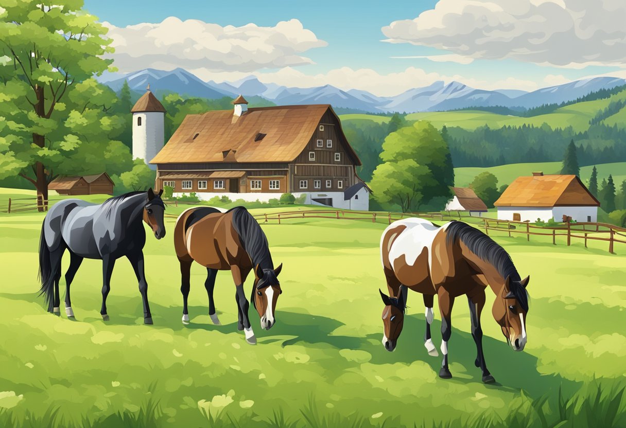 A group of horses grazing in a lush green pasture, with a traditional Bavarian farmhouse in the background