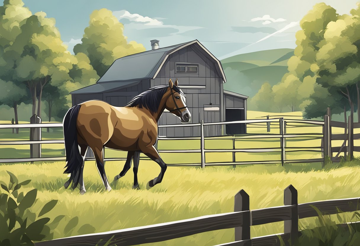 A horse in a field, with a fence and stable in the background, representing the need for horse liability insurance