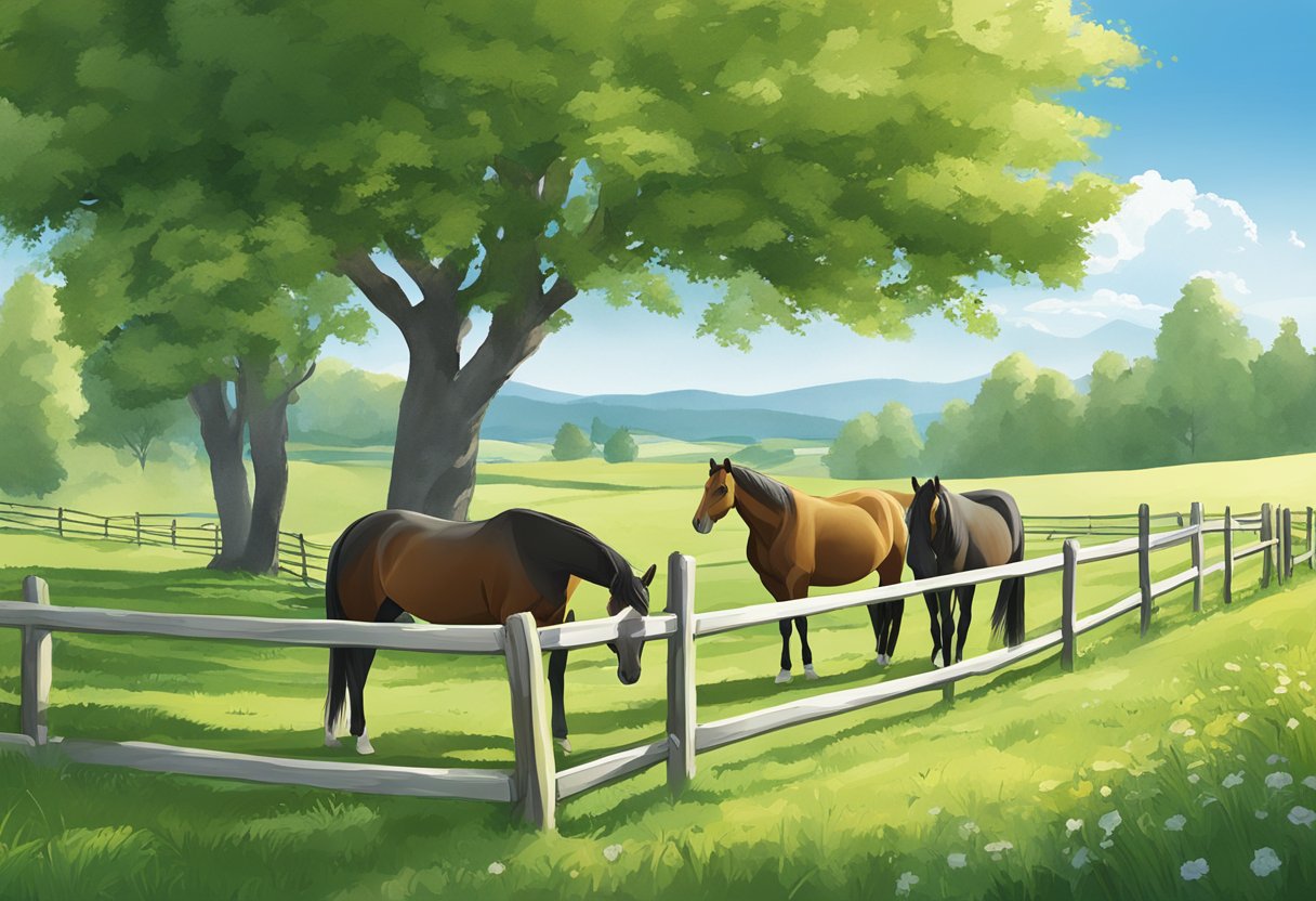 A group of horses grazing in a lush green pasture under a clear blue sky, with the Bayerische Pferdehaftpflichtversicherung logo displayed prominently on a nearby fence