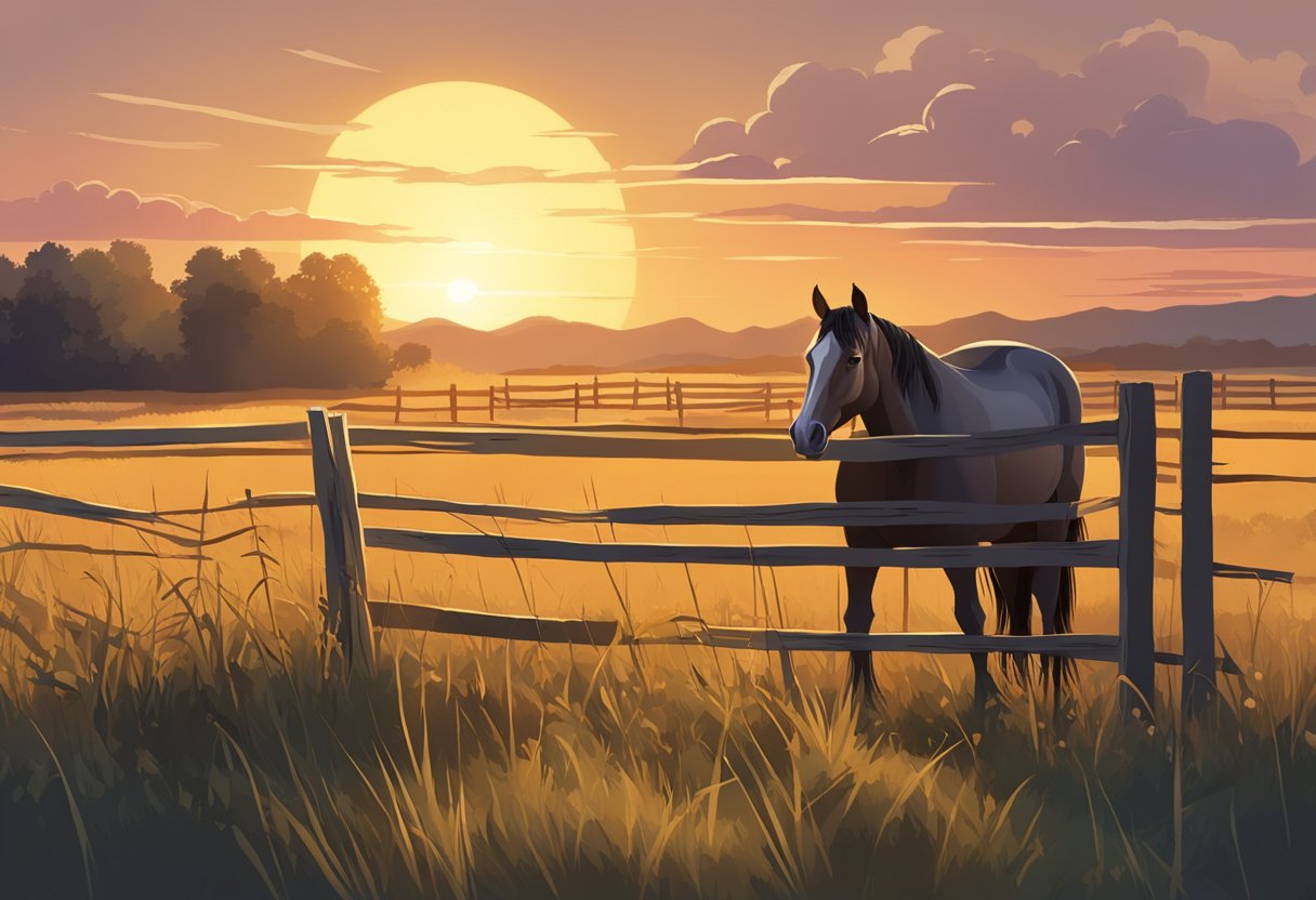 A horse standing in a field, with a broken fence and a damaged saddle nearby. The sun is setting, casting a warm glow over the scene