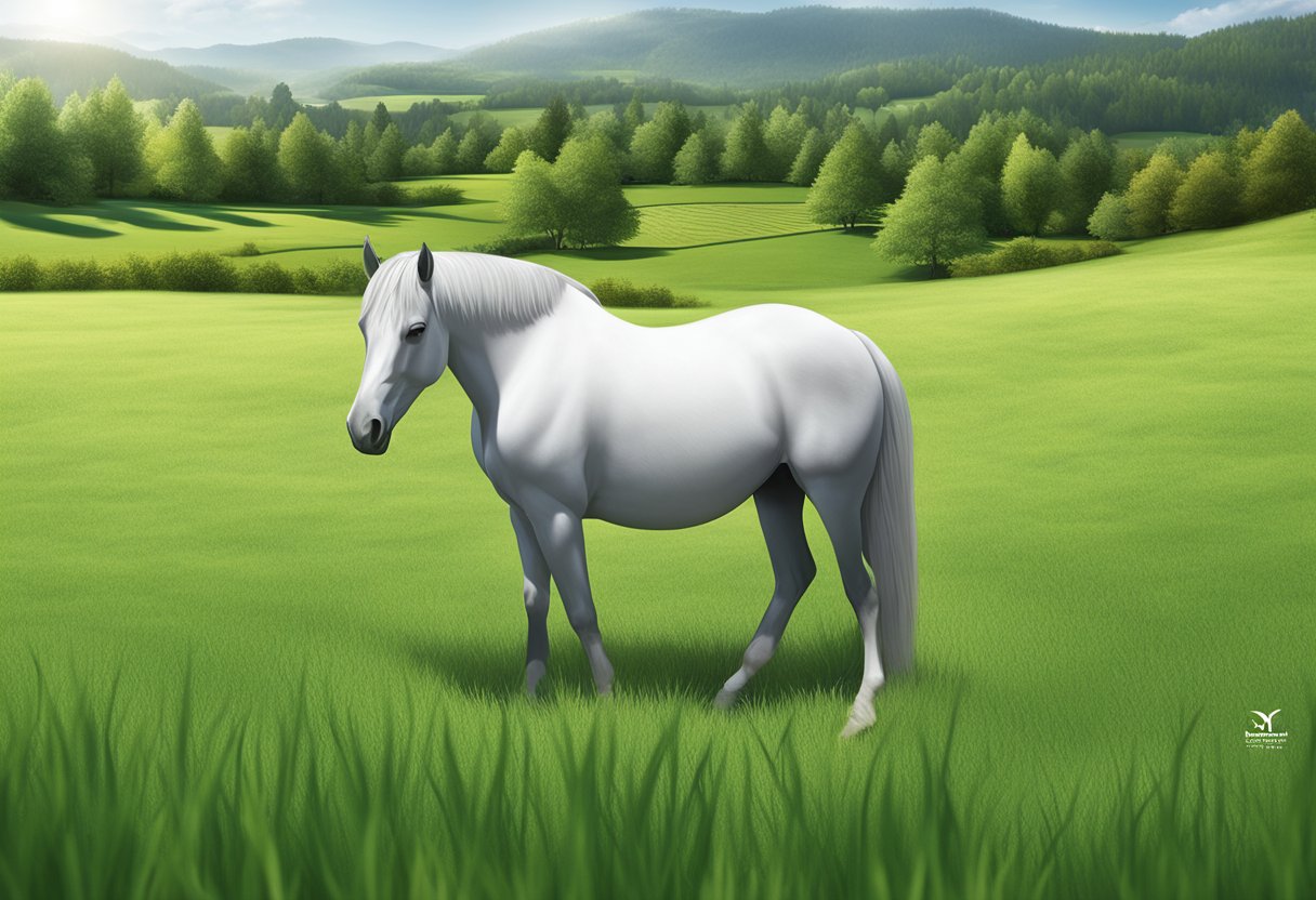 A horse grazing peacefully in a lush green pasture, with a serene countryside backdrop and the Bayerische Pferdehaftpflichtversicherung logo displayed prominently