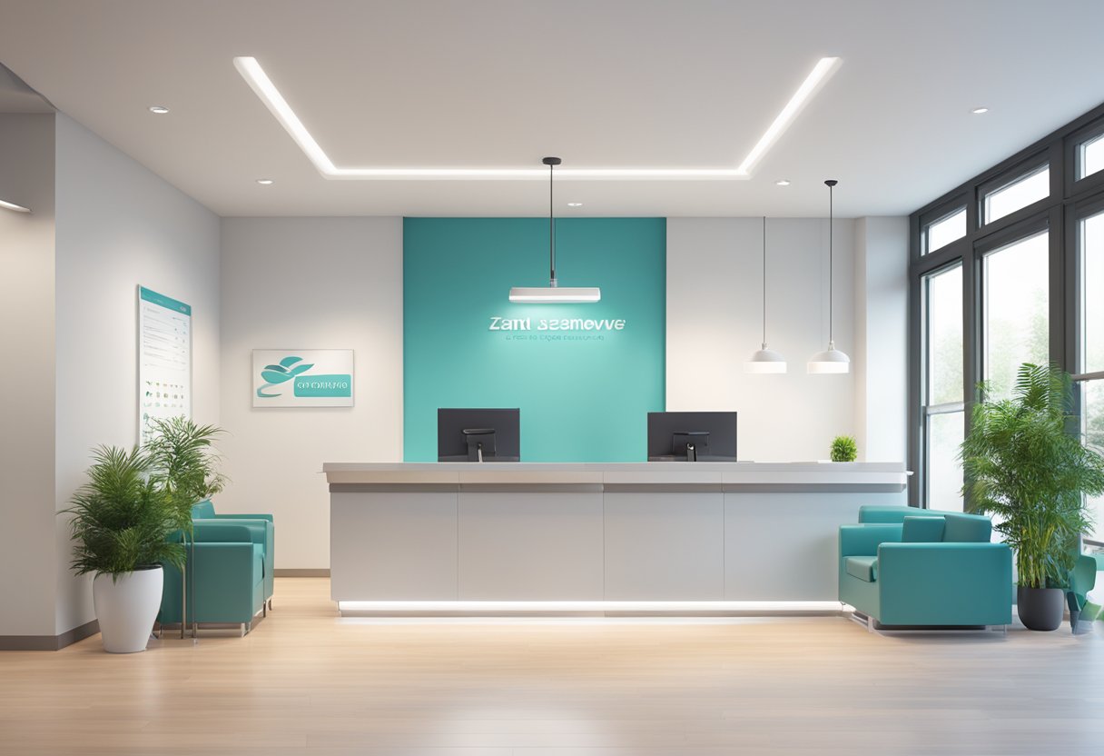A dental office with a modern waiting area, reception desk, and dental equipment. Bright and clean with Ottonova Zahnzusatzversicherung signage