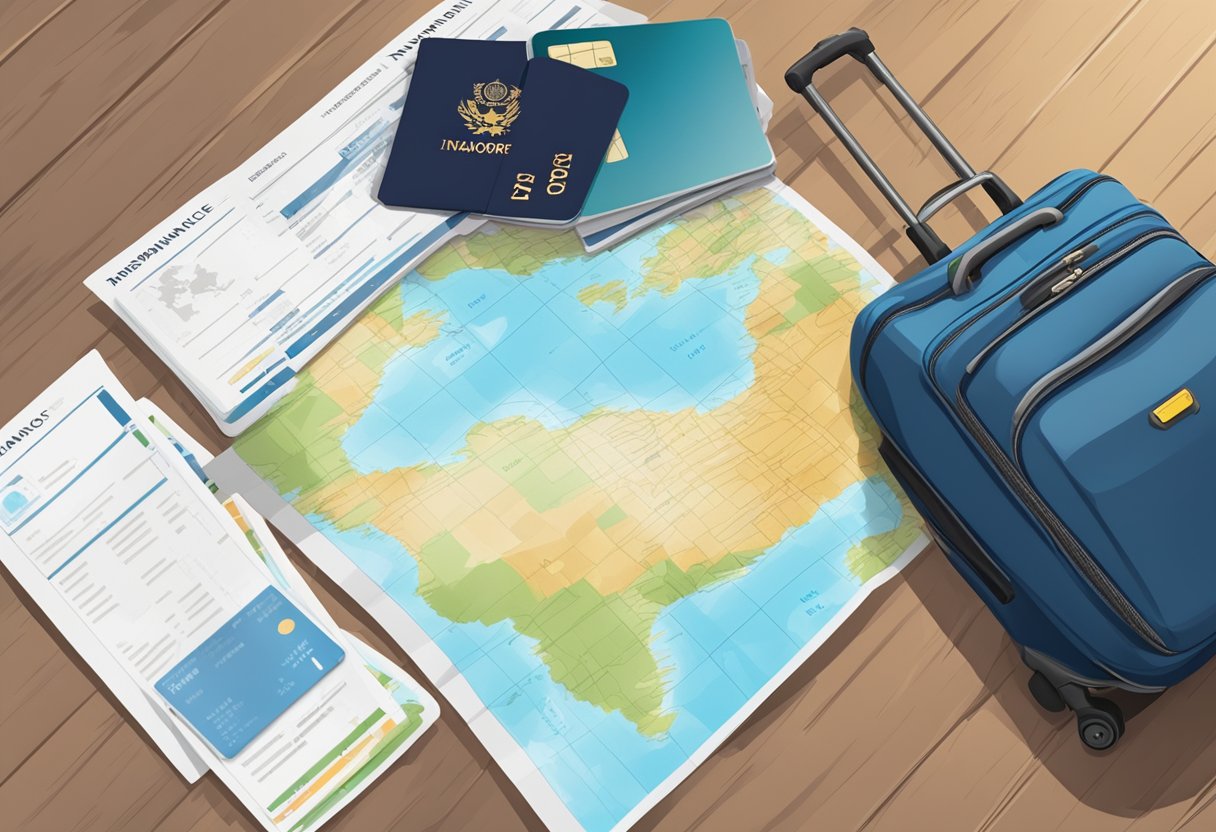 A suitcase with a travel insurance logo sits next to a passport and boarding pass on a table, with a world map in the background