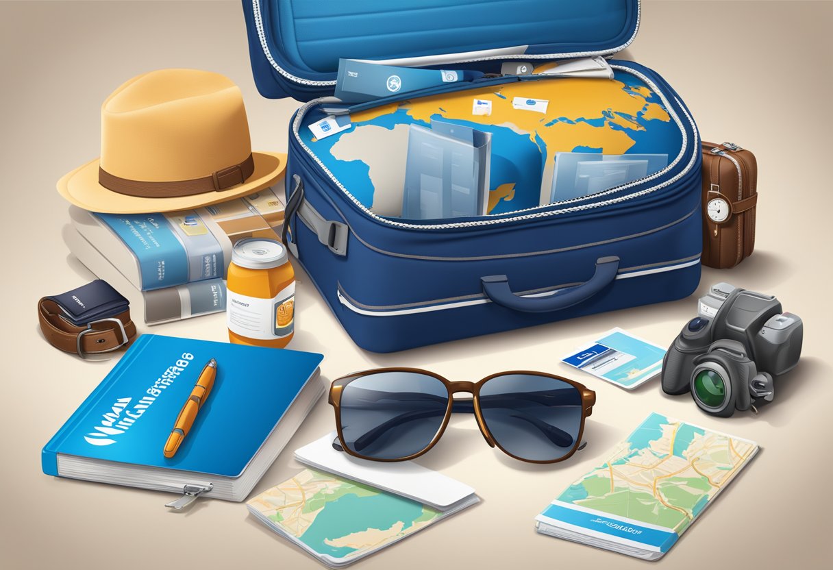 A traveler unpacks luggage, surrounded by guidebooks and maps, as a smartphone displays positive reviews of Allianz Direct Reise-Komplettschutz