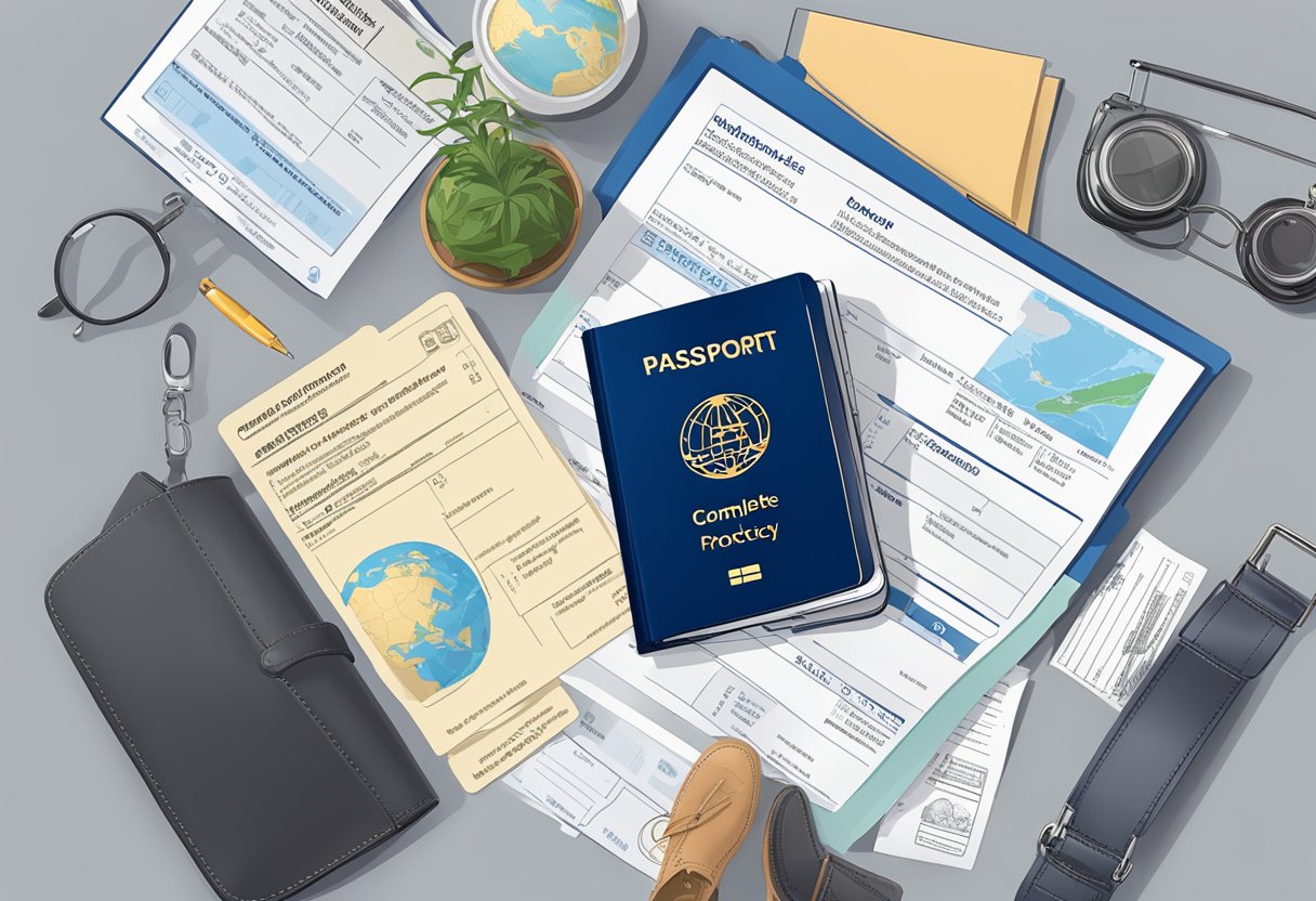 The Allianz Direct Travel Complete Protection Policy details are laid out on a table with a passport, plane ticket, and insurance documents