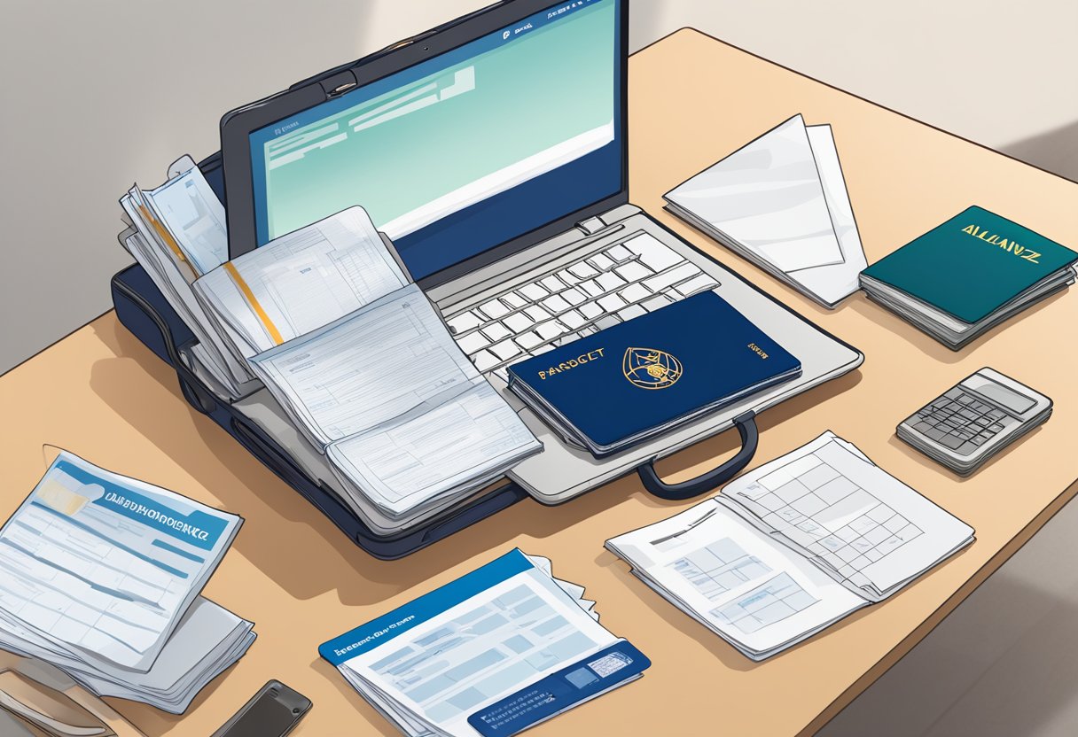 A suitcase, passport, and travel insurance documents are spread out on a table. A laptop with the Allianz Direct website is open, showing the Reise-Komplettschutz package