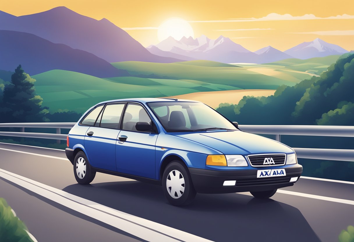 A car with the AXA logo parked in front of a scenic backdrop, with a clear sky and a smooth road, representing the reliability and security of AXA car insurance