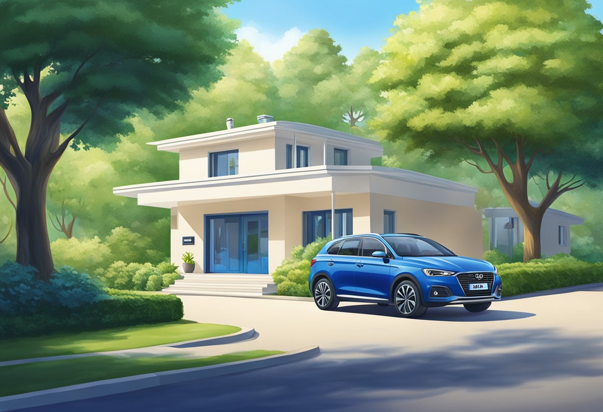 A car with AXA insurance logo parked in a sunny driveway, surrounded by green trees and a clear blue sky