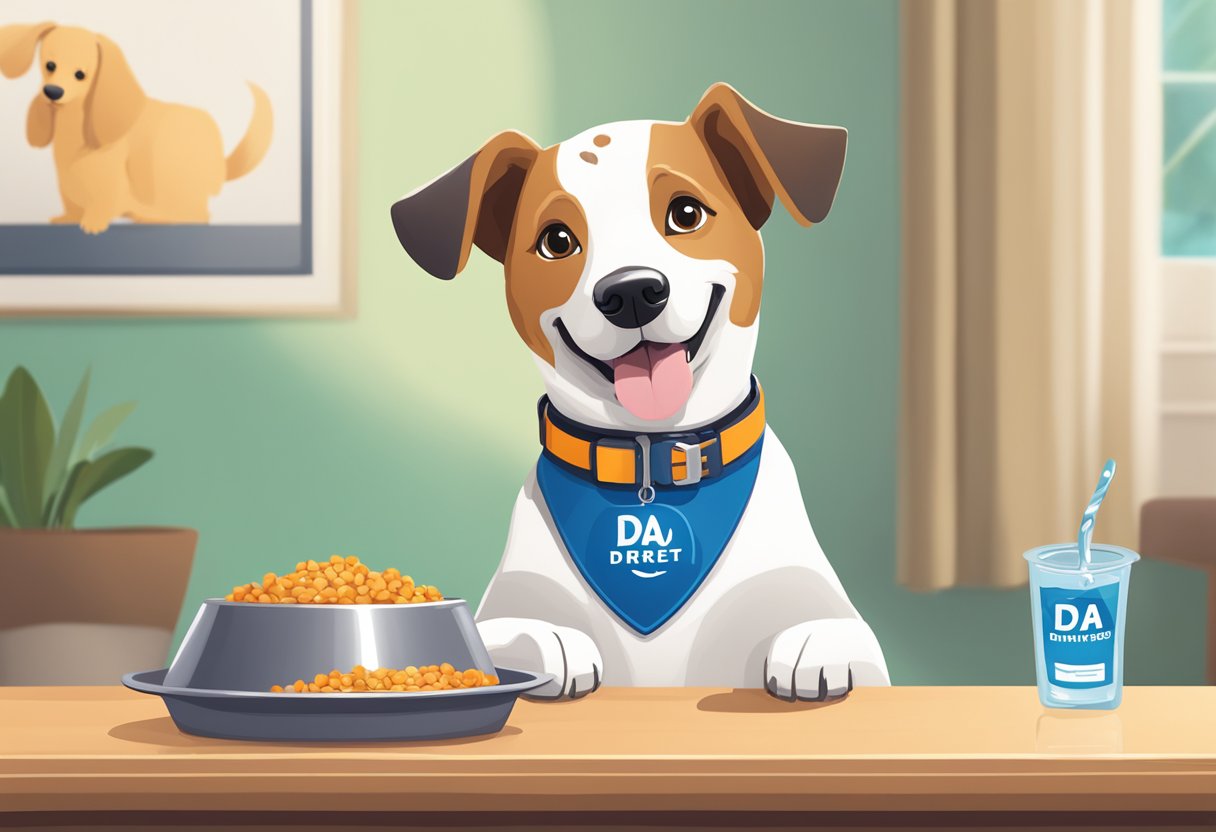 A happy dog with a wagging tail sits next to a bowl of food and a water dish, with a DA Direkt pet insurance tag on its collar