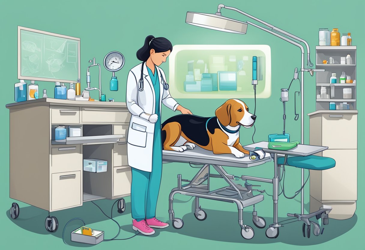 A dog receiving medical care with a vet, surrounded by various medical equipment and supplies