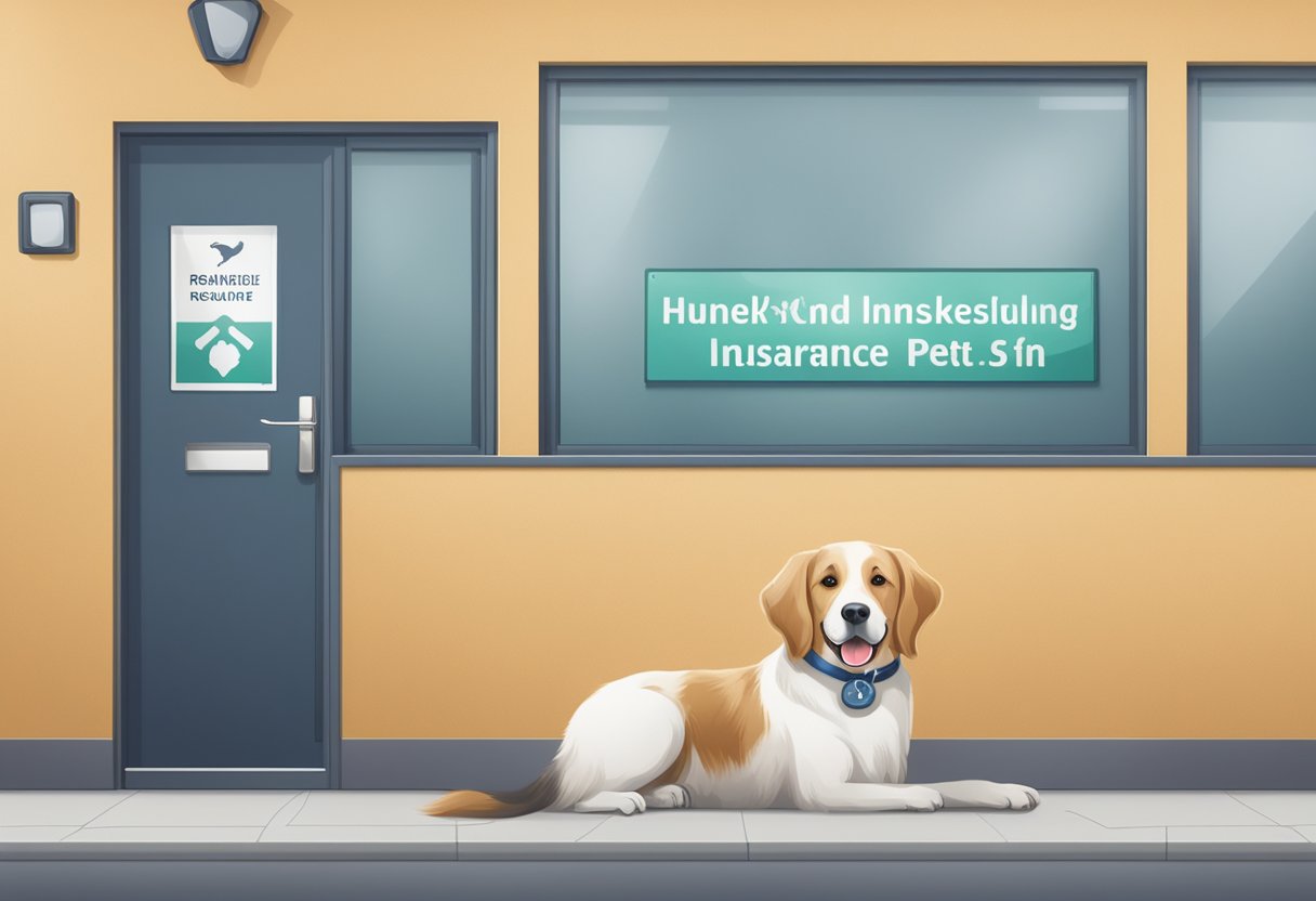 A happy dog with a wagging tail sits next to a vet's office sign for DA Direkt Hundekrankenversicherung, implying that the insurance is recommended for pet owners