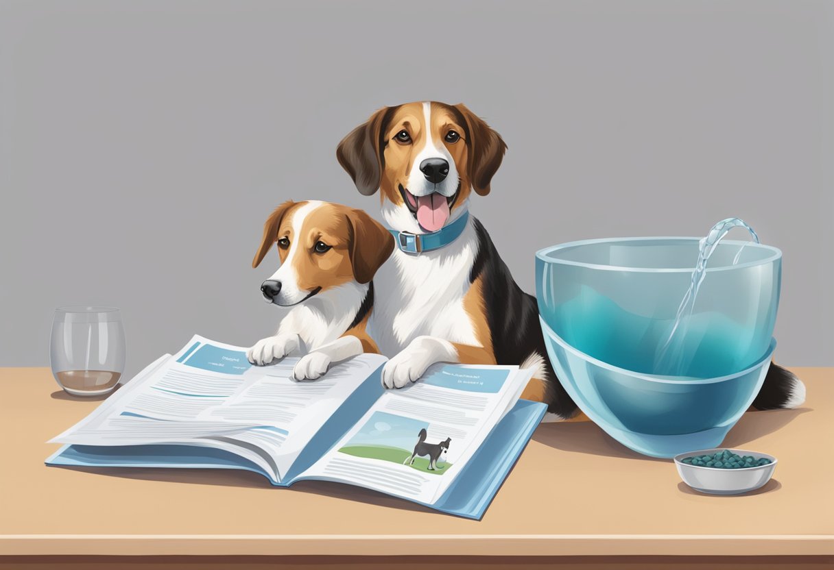 A happy dog with a wagging tail sits beside a bowl of water and a dog bed, while a concerned owner looks at a brochure about DA Direkt's Hundekrankenversicherung