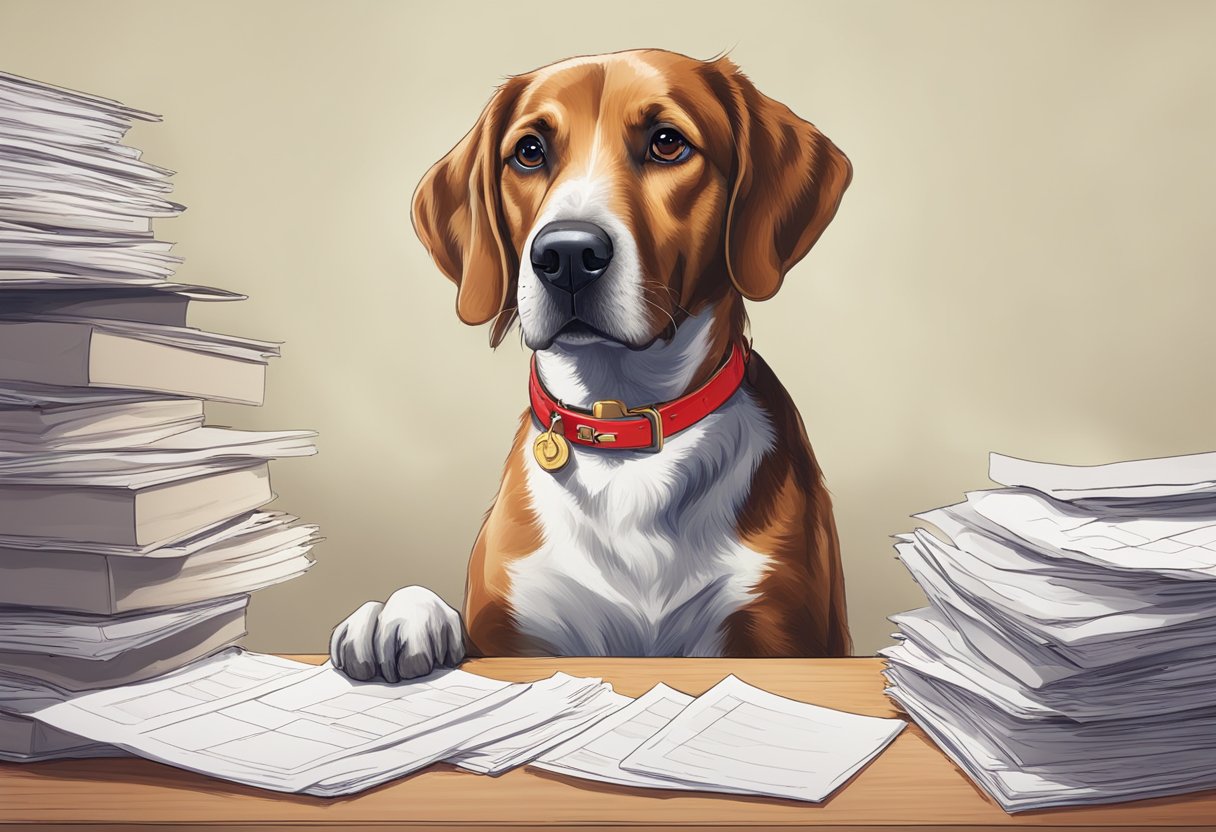 A dog with a bright red collar sits next to a stack of paperwork labeled "Vertragsverwaltung bei DA Direkt Hundekrankenversicherung von DA Direkt."
