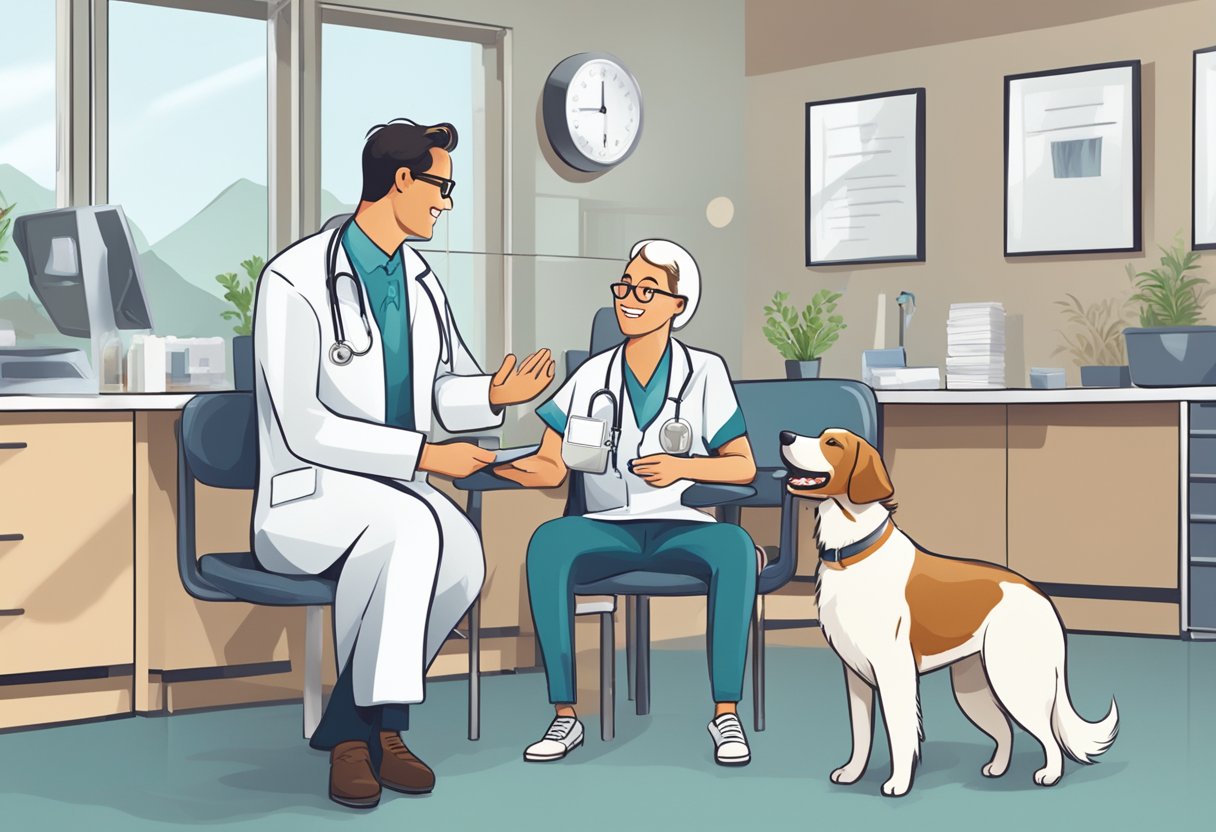 A happy dog receives medical care at a veterinary clinic, while its owner discusses the benefits of DA Direkt's pet insurance with a friendly staff member