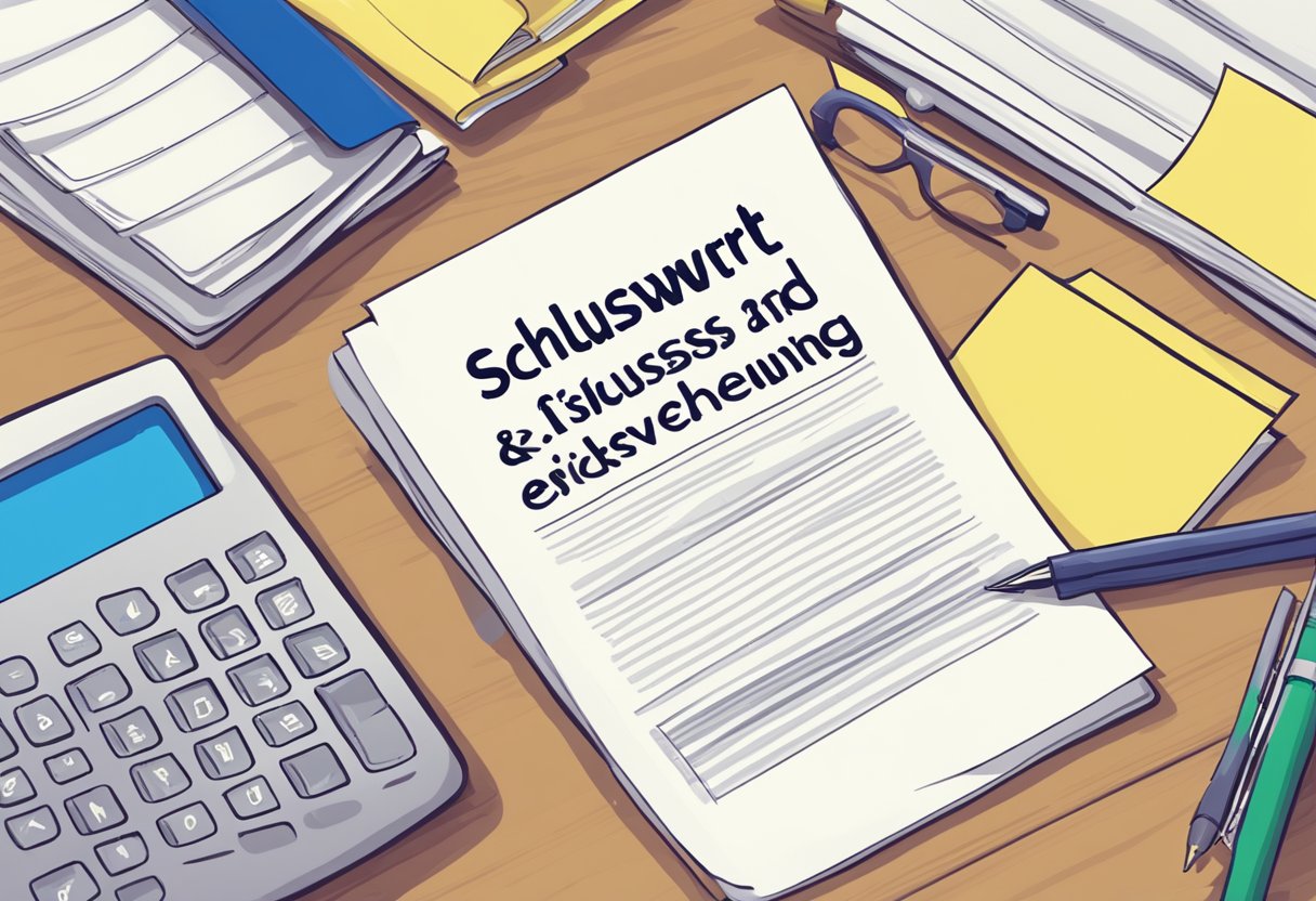 A document with "Schlusswort und Fazit DELA Risikolebensversicherung" in bold lettering on a desk with a pen and paper