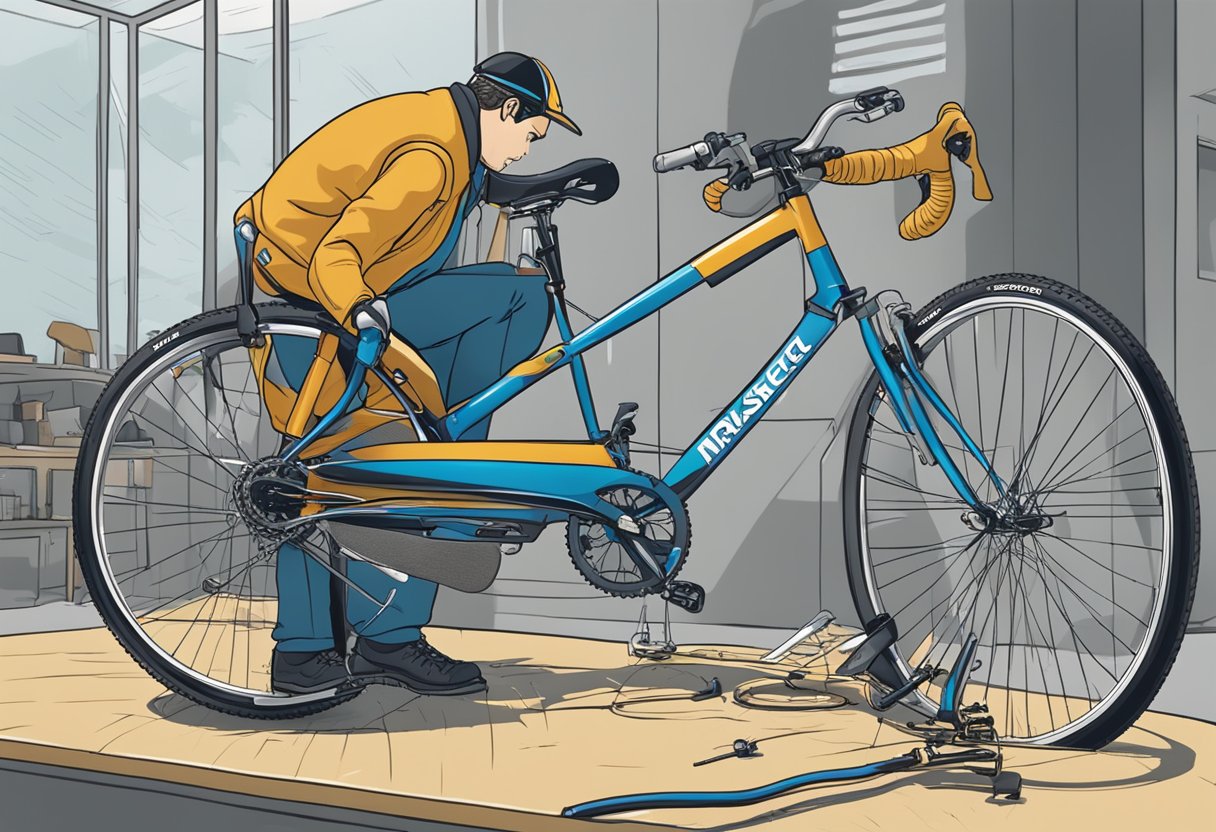 A damaged bicycle being carefully inspected by an insurance agent, with a Hepster logo prominently displayed in the background