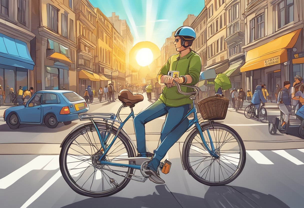 A bicycle with a Hepster insurance sticker parked in a bustling city street. The sun shines on the vibrant scene, with people and traffic moving around the bike