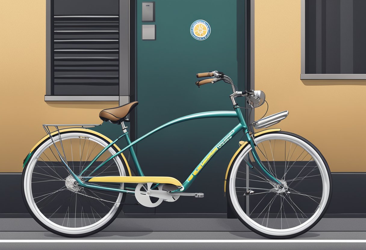 A sleek bicycle parked in a modern urban setting, with a Hepster insurance sticker prominently displayed on the frame