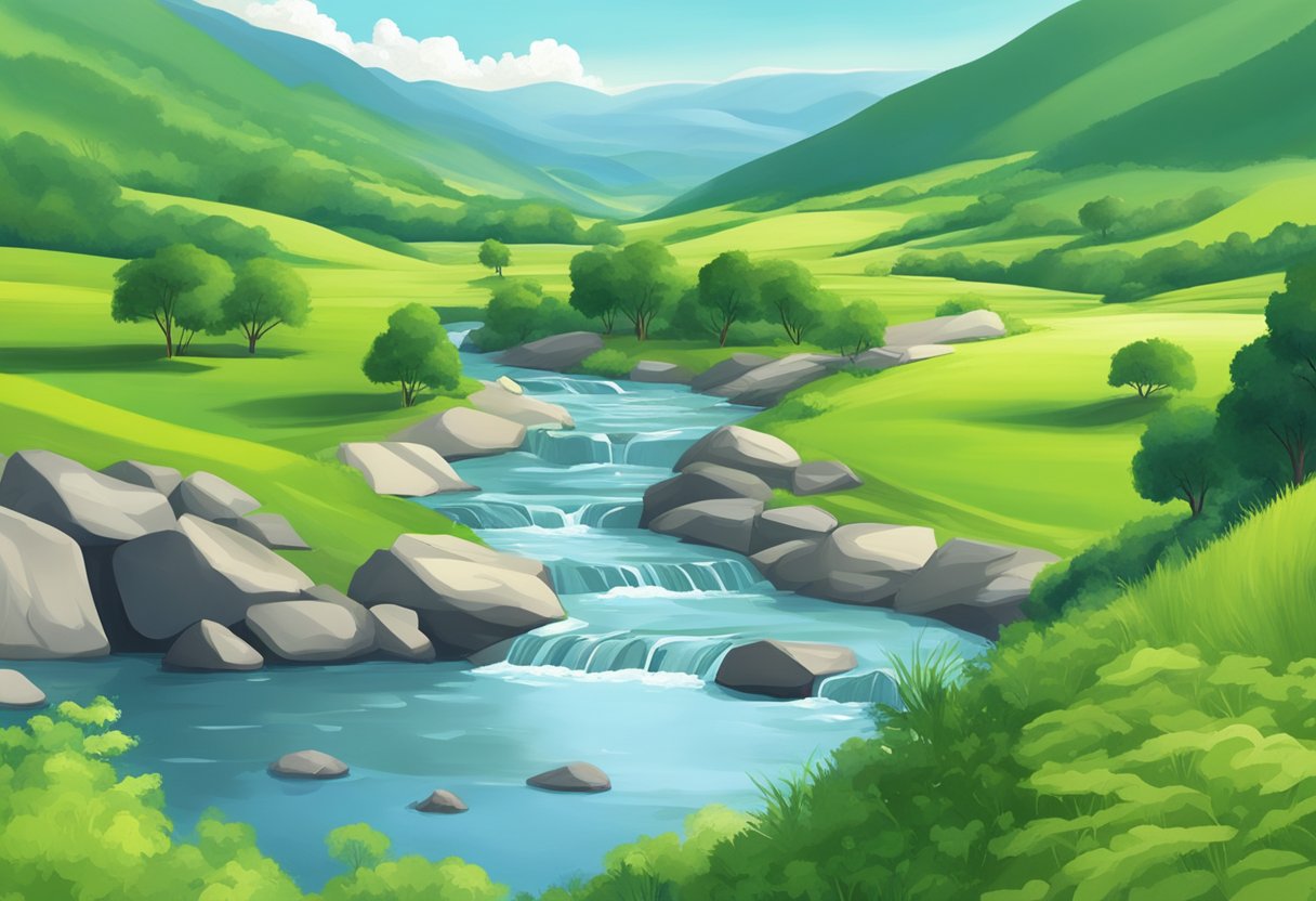 A serene landscape with a peaceful river flowing through a lush green valley, with a clear blue sky and a few scattered clouds overhead