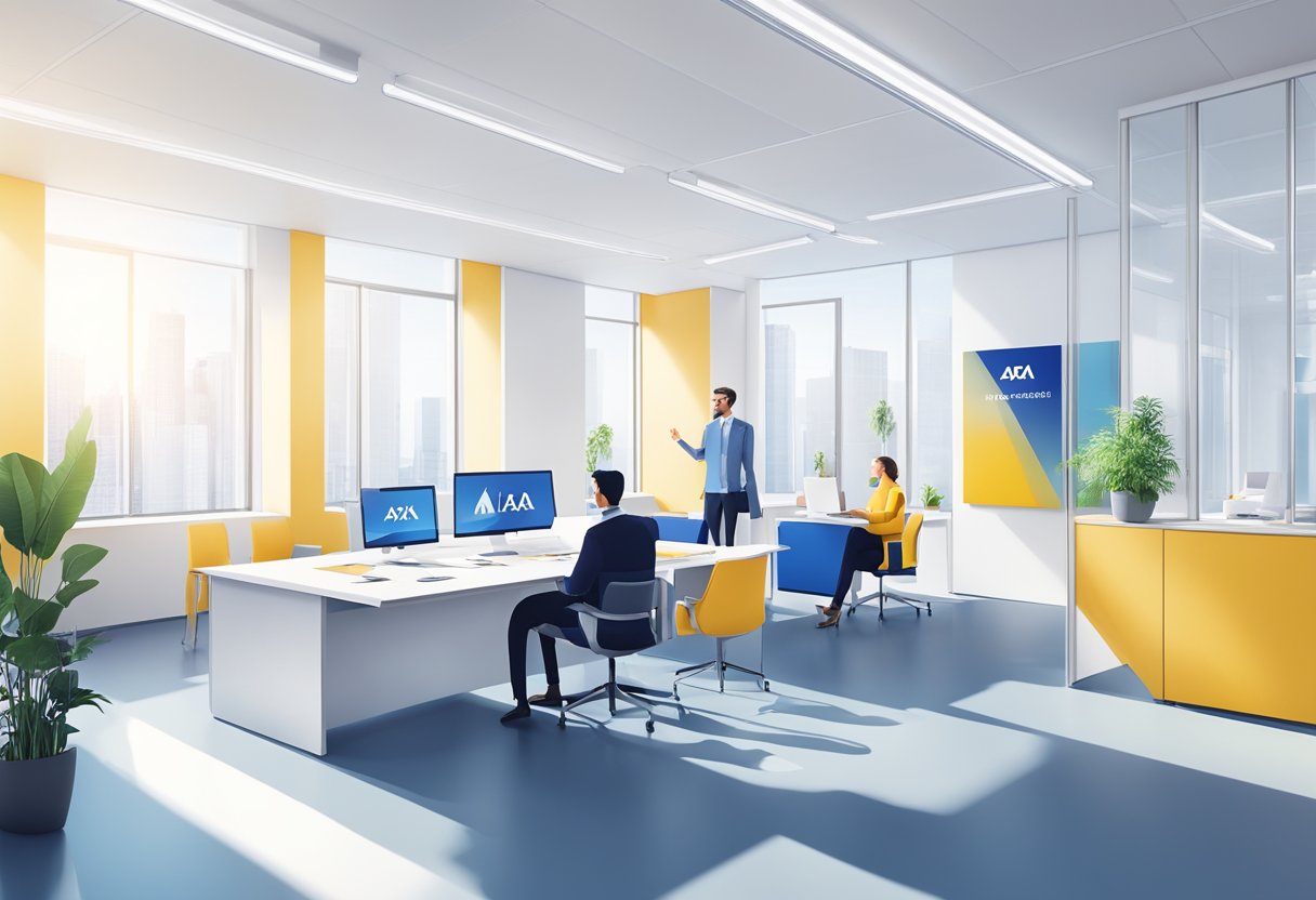 A bright, modern office with the AXA logo prominently displayed. A professional advisor discussing Berufsunfähigkeitsversicherung with a client