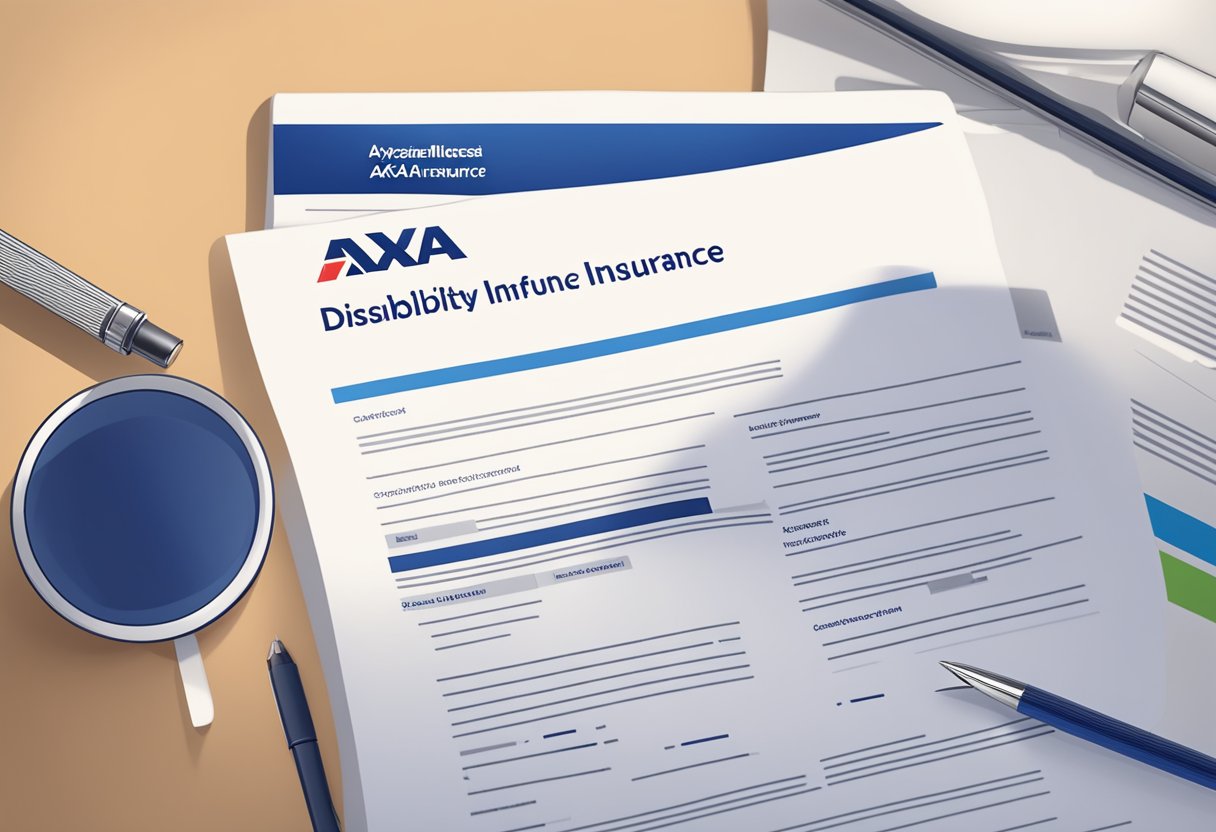 A detailed contract for AXA's disability insurance, with fine print and official company branding, sits open on a desk
