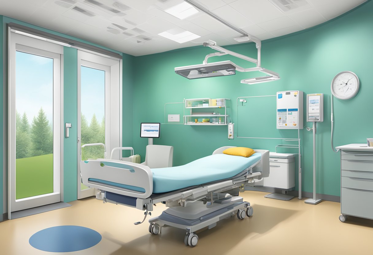 A hospital room with ERGO Zusatzversicherung logo displayed, showing coverage details and cost information