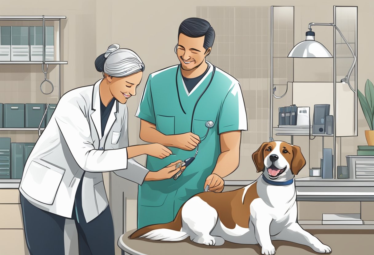 A happy dog receiving medical care from a veterinarian at a Gothaer pet insurance clinic