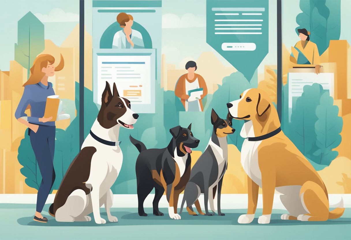 A group of dogs compare different options for pet insurance from Gothaer, with a large banner displaying "Alternatives and the Great Gothaer Comparison Dog Health Insurance" in the background