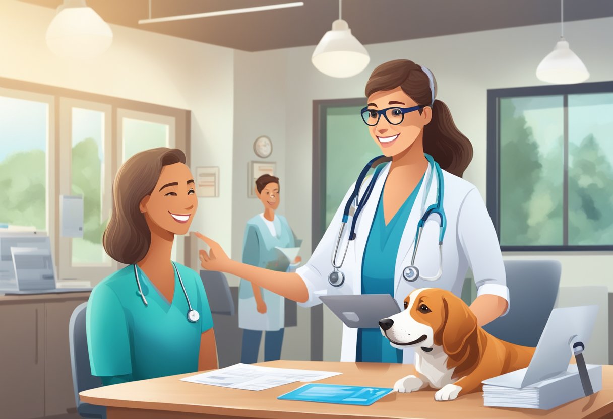 A happy dog with a wagging tail receiving medical care at a veterinary clinic, while its owner confidently presents a DFV dog health insurance card to the receptionist