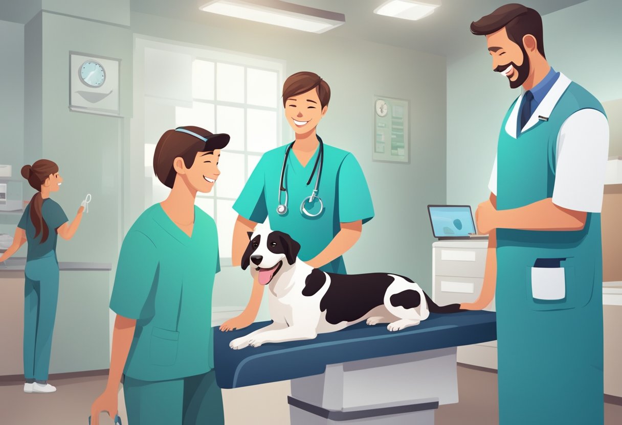 A happy dog with a wagging tail receives medical care at a veterinary clinic, while the owner smiles and interacts with the staff