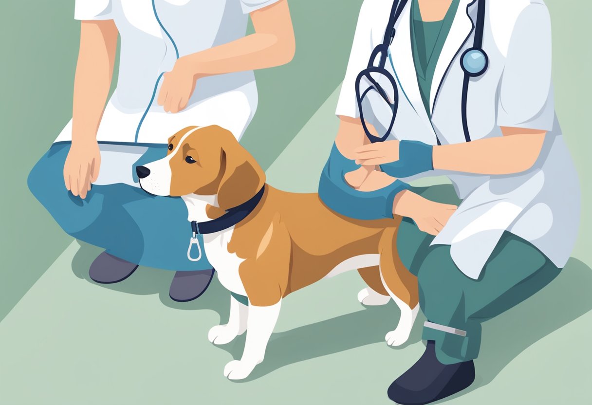 A dog with a bandaged paw is being comforted by its owner while a veterinary staff member discusses the benefits of DFV's dog health insurance