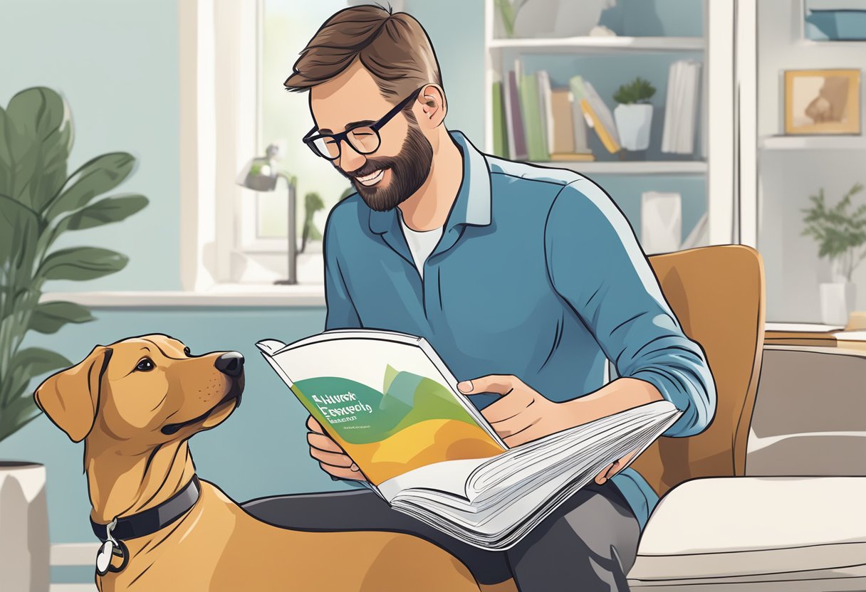 A dog owner reads a brochure on DFV's Hundekrankenversicherung, with a happy, healthy dog by their side